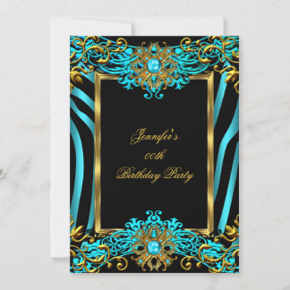 Elite Teal Blue Zebra Gold Black Birthday Party Invitation
