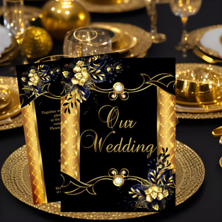 Elite Wedding Gold Black Floral Diamonds  Invitation