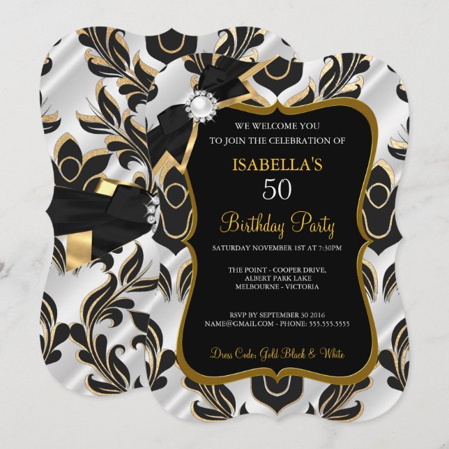 Elite White Pearl Gold Black Damask Party Invite (Front/Back)