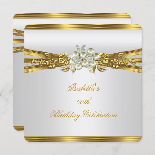 Elite White Pearl Gold Floral Birthday Party Invitation