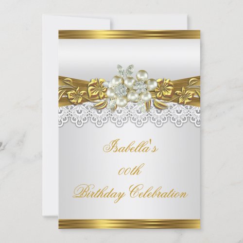 Elite White Pearl Gold Lace Floral Birthday Party Invitation