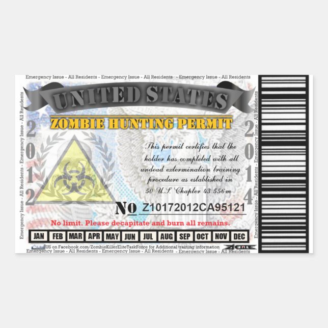 Elite Zombie Hunting Permit Rectangular Sticker (Front)