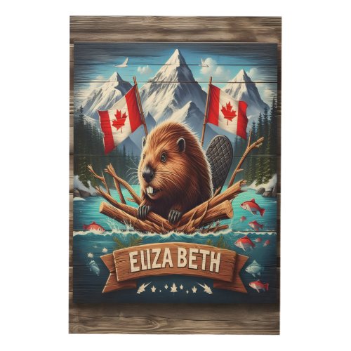 Elizabeth Canadian Beaver And Mountains Wood Wall Art