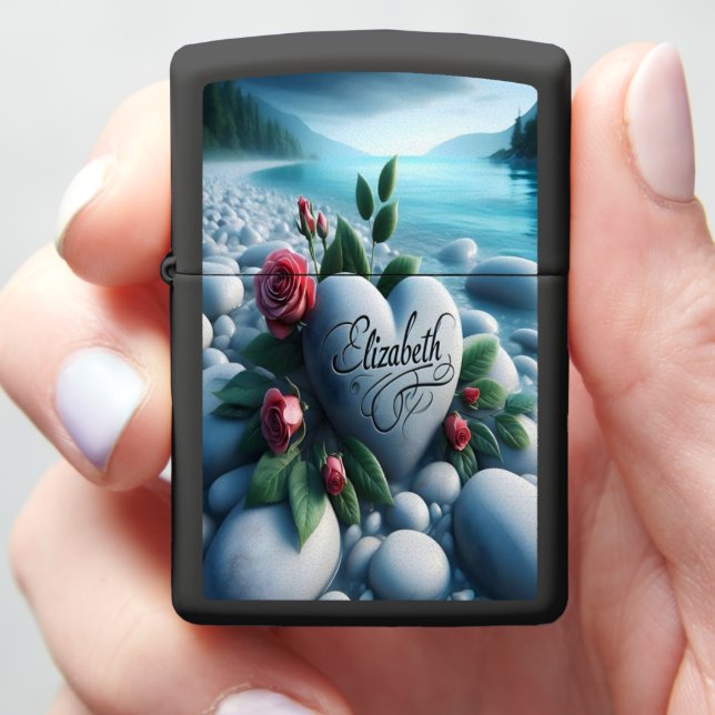 Elizabeth Carved Stone Heart By The Lake Zippo Lighter (In Hand)