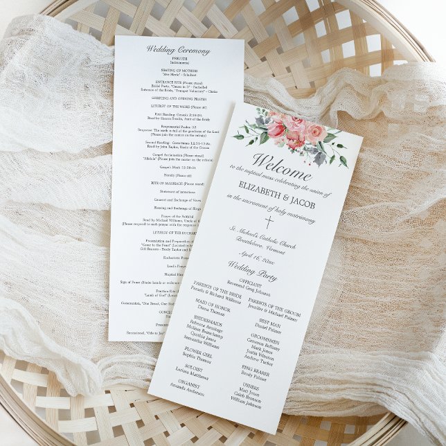 Elizabeth Catholic Wedding Program with Mass (ELizabeth, classic, elegant Catholic wedding program with full mass with pink watercolor flowers)