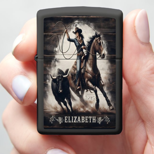 Elizabeth Cowgirl Lassoing Bull Zippo Lighter (In Hand)
