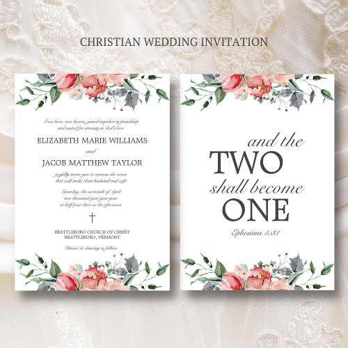 Elizabeth Elegant Pink Flowers Christian Wedding Invitation