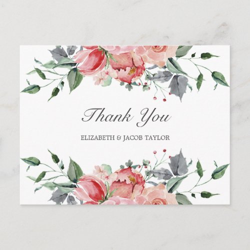 Elizabeth Elegant Pink Flowers Wedding Thank You Postcard