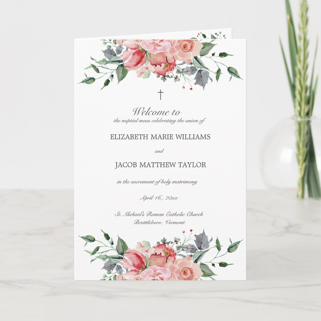 Elizabeth Pink Floral Full Mass Catholic Wedding Program | Zazzle