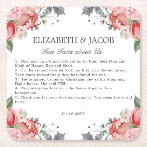Elizabeth Pink Floral Fun Facts Wedding Square Paper Coaster