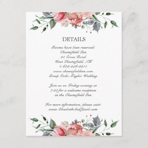 Elizabeth Pink Flowers Calligraphy Wedding Details Enclosure Card