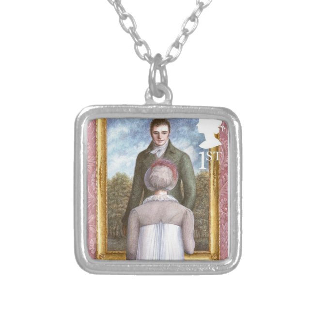 Elizabeth reflecting on Mr. Darcy's portrait  Silver Plated Necklace (Front)