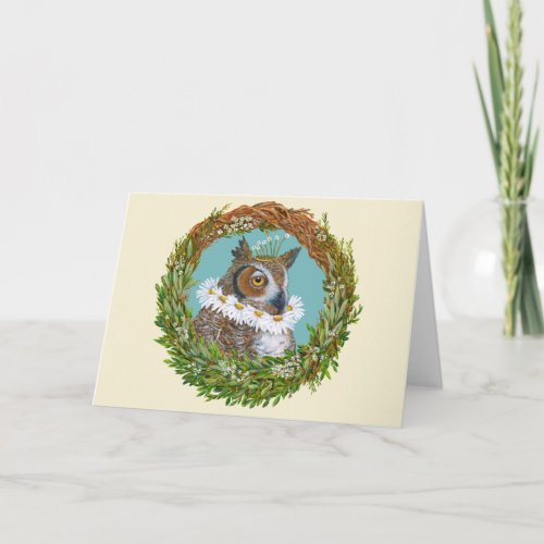 Elizabethan Owl in spring wreath card