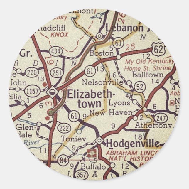Elizabethtown Kentucky Vintage Map Classic Round Sticker (Front)