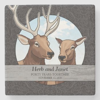 Elk 40th Wedding Anniversary Personalized Wildlife Stone Coaster by DuchessOfWeedlawn at Zazzle