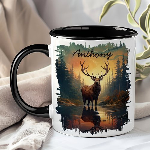 Elk At Sunrise Forest Reflection Mug