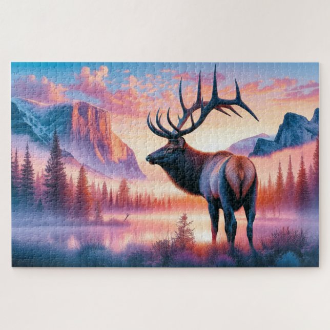 Elk at Sunrise, Mountains, Wildlife Jigsaw Puzzle (Horizontal)