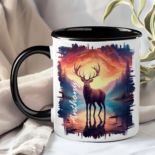 Elk At Sunset Mountain Lake Reflection Mug