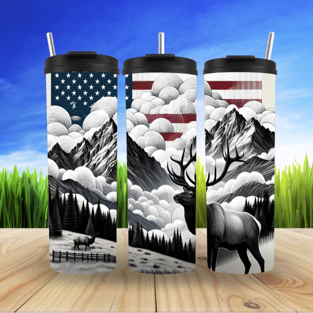 Elk Beneath American Mountain Skies Thermal Tumbler (Creator Uploaded)