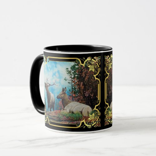 Elk bull and cow in Montana forest mug