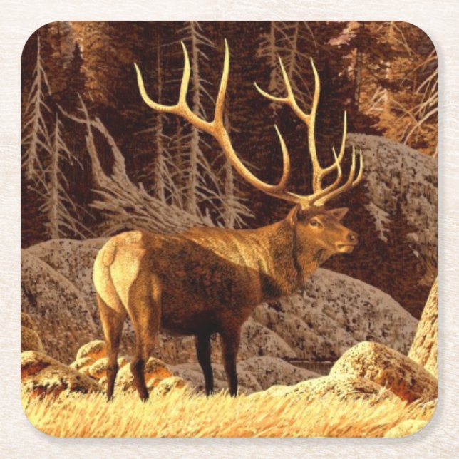 Elk Bull Square Paper Coaster (Front)