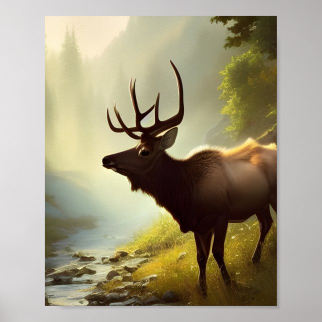 Elk By A Forest Stream Digital Art Print (Front)