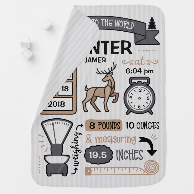 Elk / Deer Baby Boy Birth Stats Keepsake Blanket (In Situ)