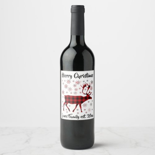 Elk design snowflakes red buffalo plaid pattern wine label