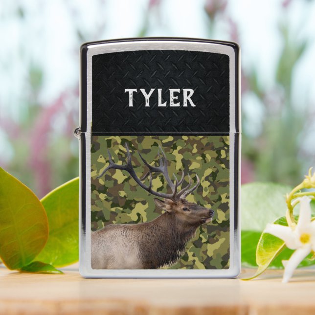 Elk Green Camo Hunting Antlers Name Zippo Lighter (On Table)
