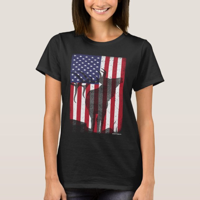 Elk Hunting Bugling Bull US Flag American Retro T-Shirt (Front)