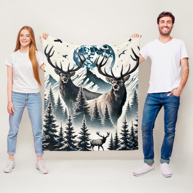 Elk in a Mystical Forest Under a Moonlit Mountain Fleece Blanket (In Situ)
