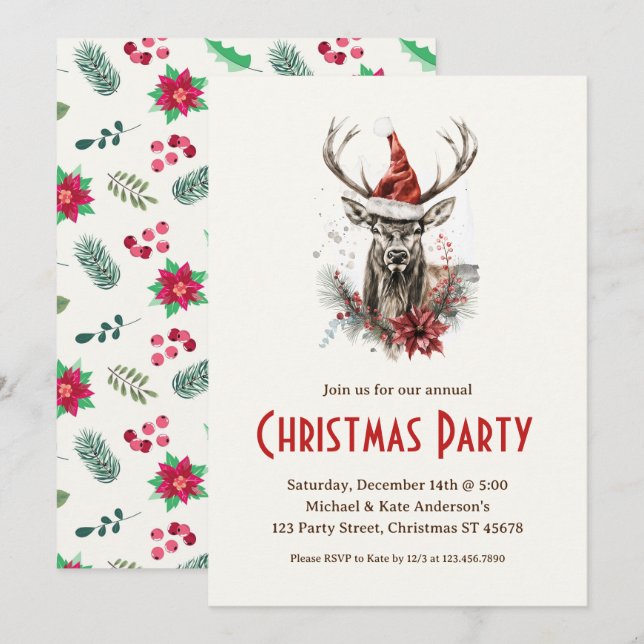 Elk in a Santa Hat Wildlife Deer Christmas Party Invitation (Front/Back)