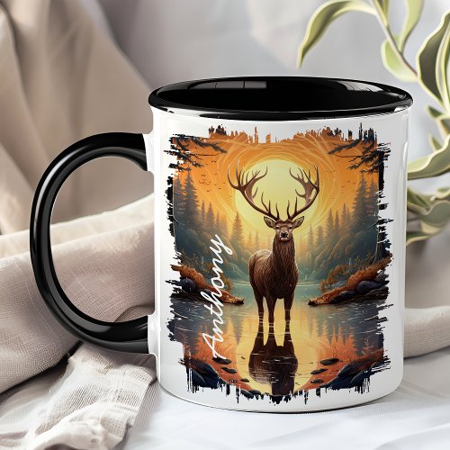 Elk In Autumn Forest Lake Reflection Mug