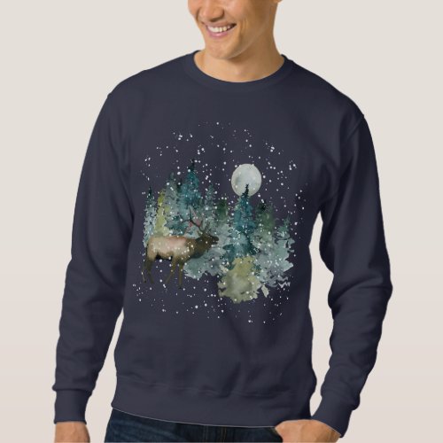 Elk in Forest Full Moon Snowfall Holiday Sweatshirt
