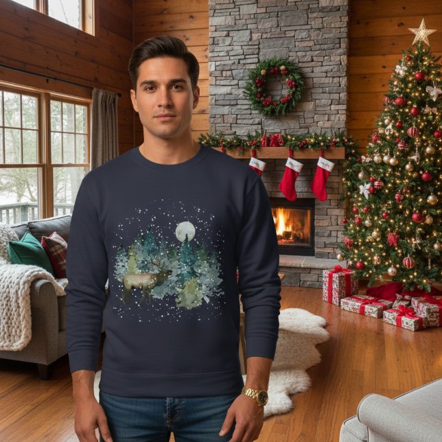 Elk in Forest Full Moon Snowfall Holiday Sweatshirt (Elk in Forest Full Moon Snowfall Holiday Sweatshirt)