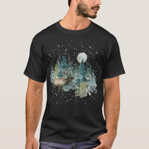 Elk in Forest Full Moon Snowfall Holiday T_Shirt