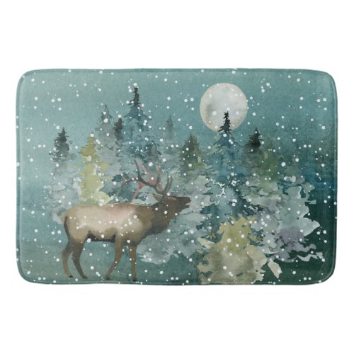 Elk in Forest Full Moon Snowfall Watercolor Bath Mat