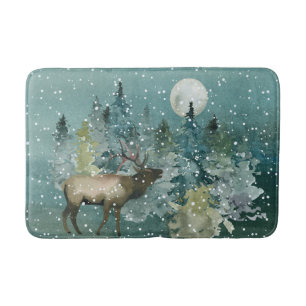 Elk in Forest Full Moon Snowfall Watercolor Bath Mat