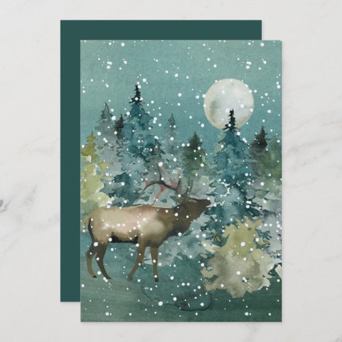 Elk in Forest Full Moon Snowfall Watercolor Holiday Card