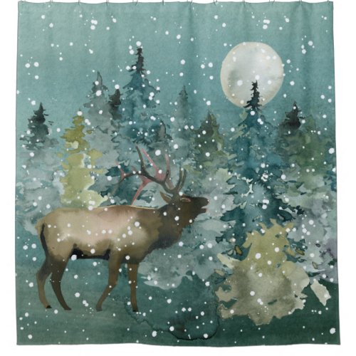 Elk in Forest Full Moon Snowfall Watercolor Shower Curtain