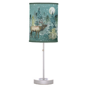 Elk in Forest Full Moon Snowfall Watercolor Table Lamp