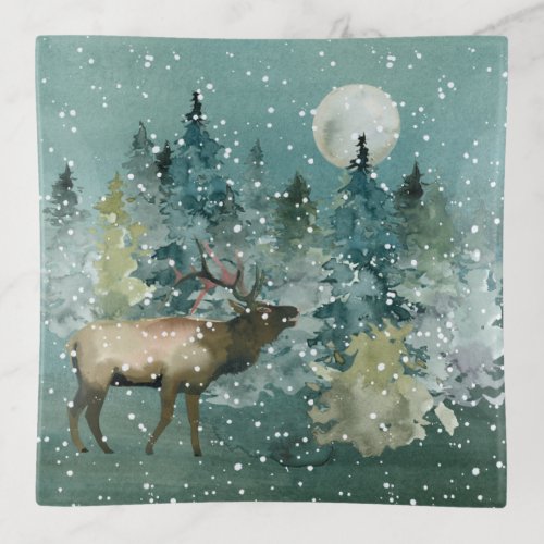 Elk in Forest Full Moon Snowfall Watercolor Trinket Tray