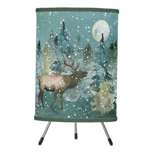 Elk in Forest Full Moon Snowfall Watercolor Tripod Lamp