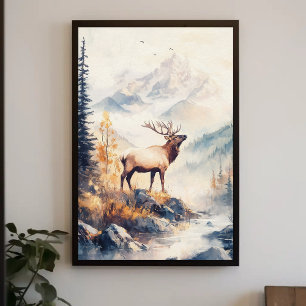 Elk in Mountain Forest Scenery Nature Aesthetic Poster