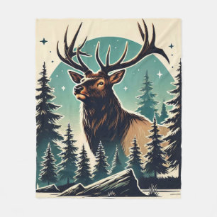 Elk in Stylized Forest with Starry Night Sky Fleece Blanket