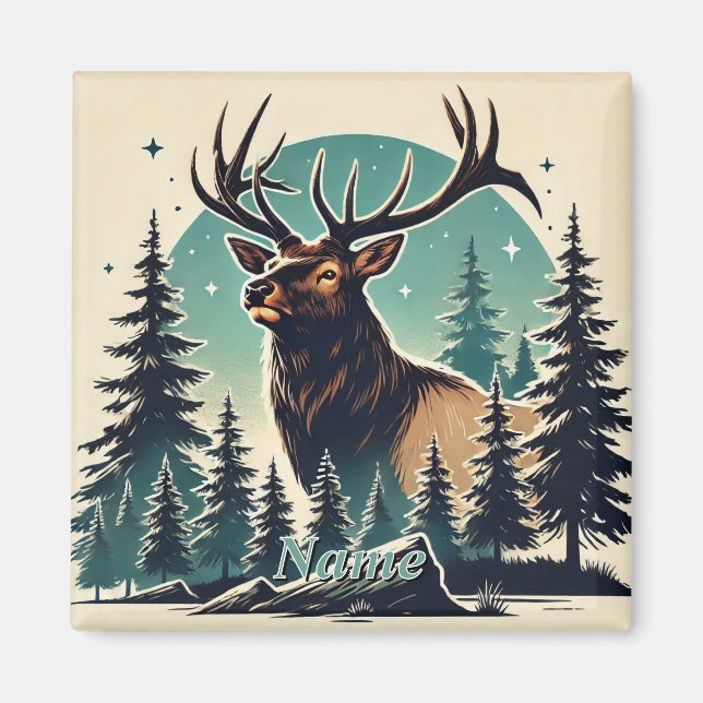 Elk in Stylized Forest with Starry Night Sky Magnet (Front)