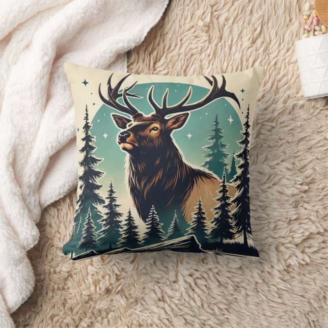 Elk in Stylized Forest with Starry Night Sky Throw Pillow (Blanket)