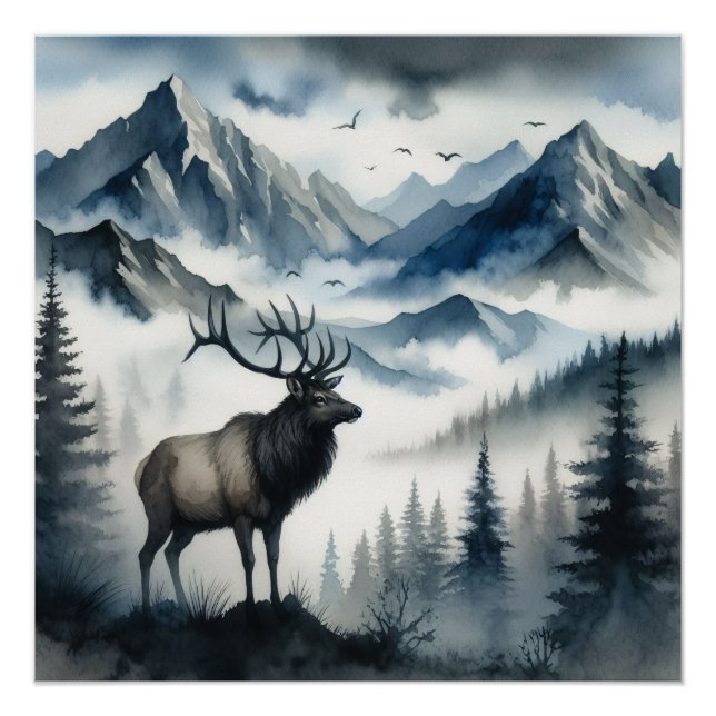 Elk Misty Mountains Watercolor Decoupage Poster (Front)