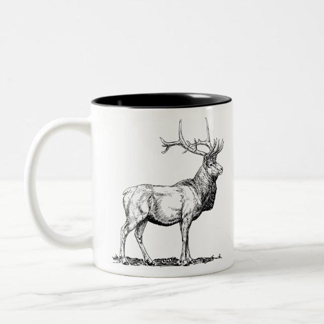 Elk Moose Deer Head Animal Hunting Antlers Two-Tone Coffee Mug (Left)