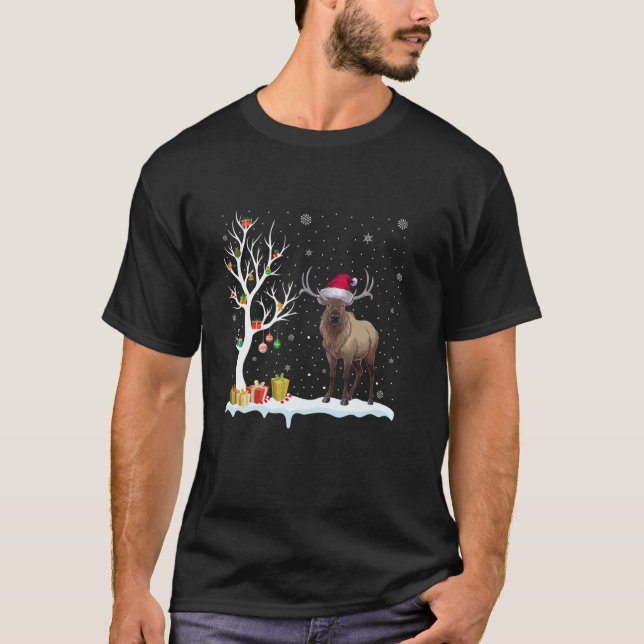 Elk Santa Hat Festive Tree Light Christmas Pajama T-Shirt (Front)